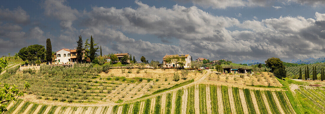 Tuscan landscape under thunder clouds. Farmhouse with vineyard. Tuscany, Italy.