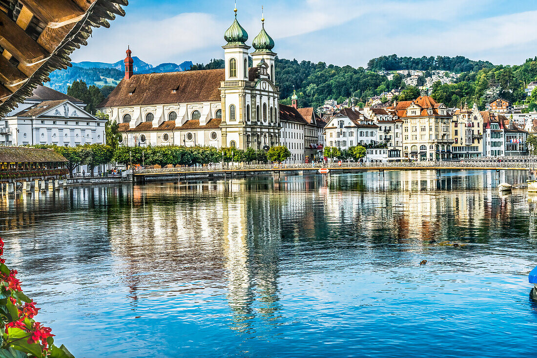 Kapellbrucke Jesuit Church reflection, Lucerne, Switzerland. Built in 1365