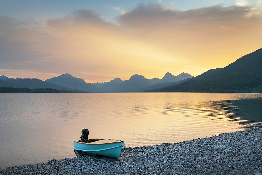 Boat on beach at Lake McDonald, Glacier National Park, Montana