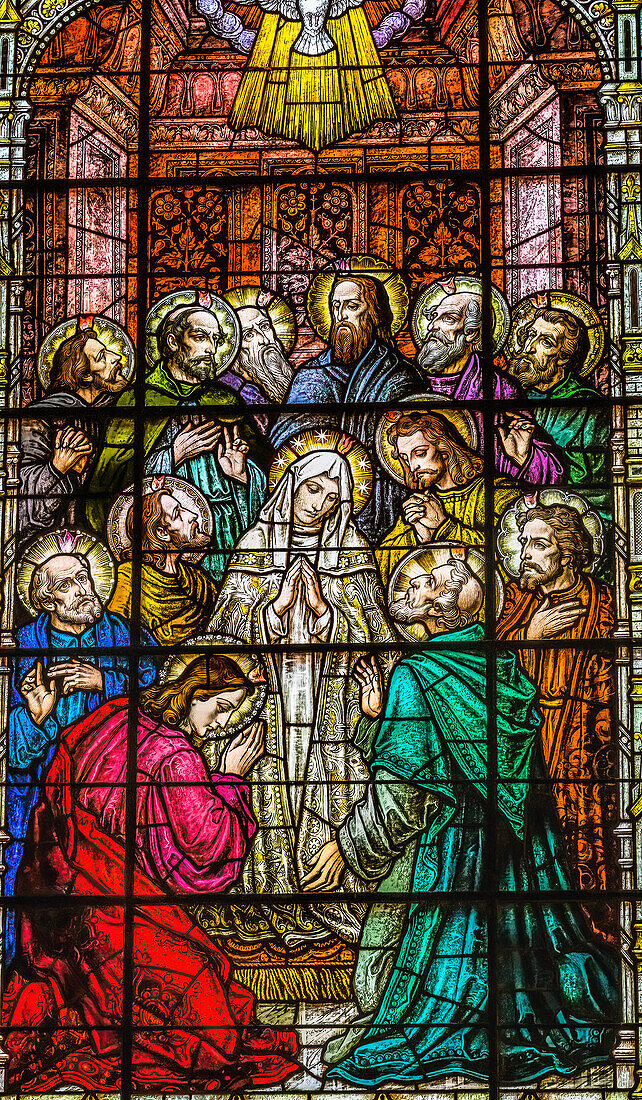 Adoration of Virgin Mary Disciples stained glass Gesu Church, Miami, Florida. Built 1920's. Glass by Franz Mayer.