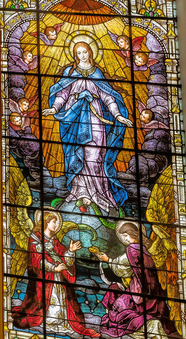 Assumption Virgin Mary stained glass Gesu Church, Miami, Florida. At death, Stained glass built 1920's. Glass by Franz Mayer.