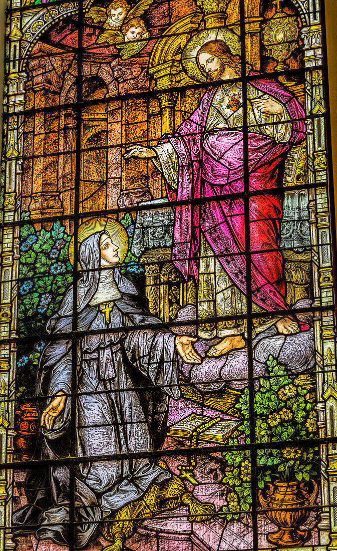 Stained glass in Gesu Church, Miami, Florida. Built 1920's by Franz Mayer Heart.