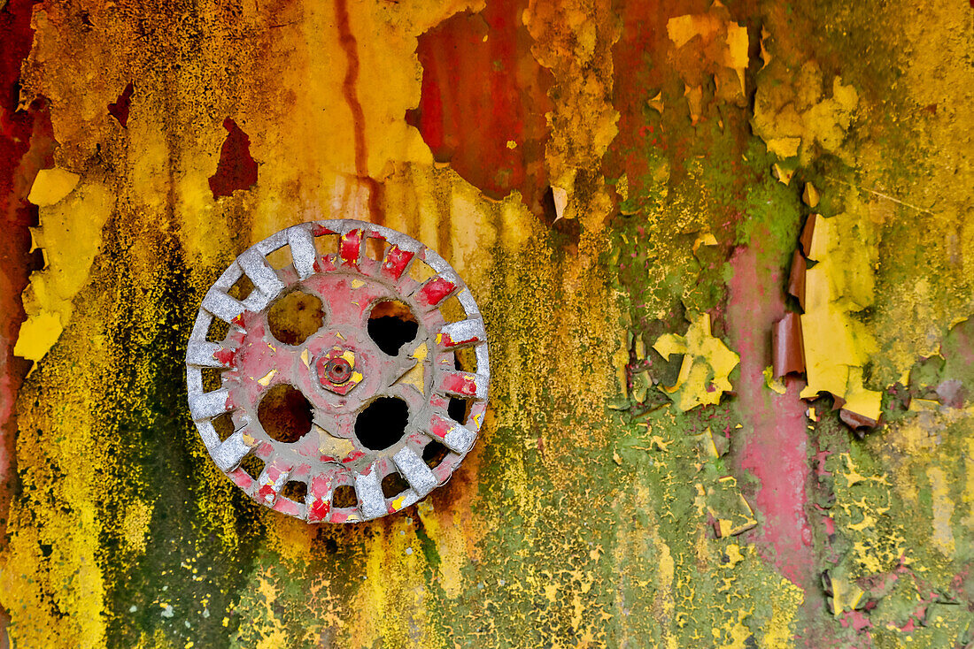 USA, Oregon, Tillamook. Old fire truck with gauges and valves with colorful pealing paint