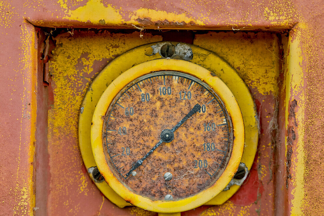 USA, Oregon, Tillamook. Old fire truck with gauges and valves with colorful pealing paint