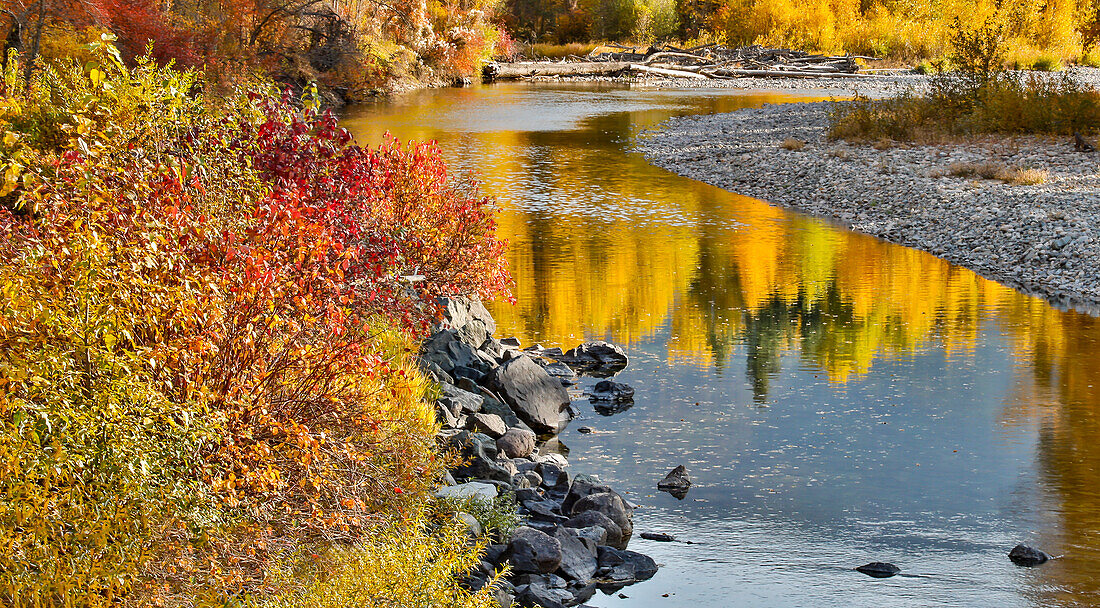 USA, Washington State, Methow Valley and river edged in Fall colored trees.