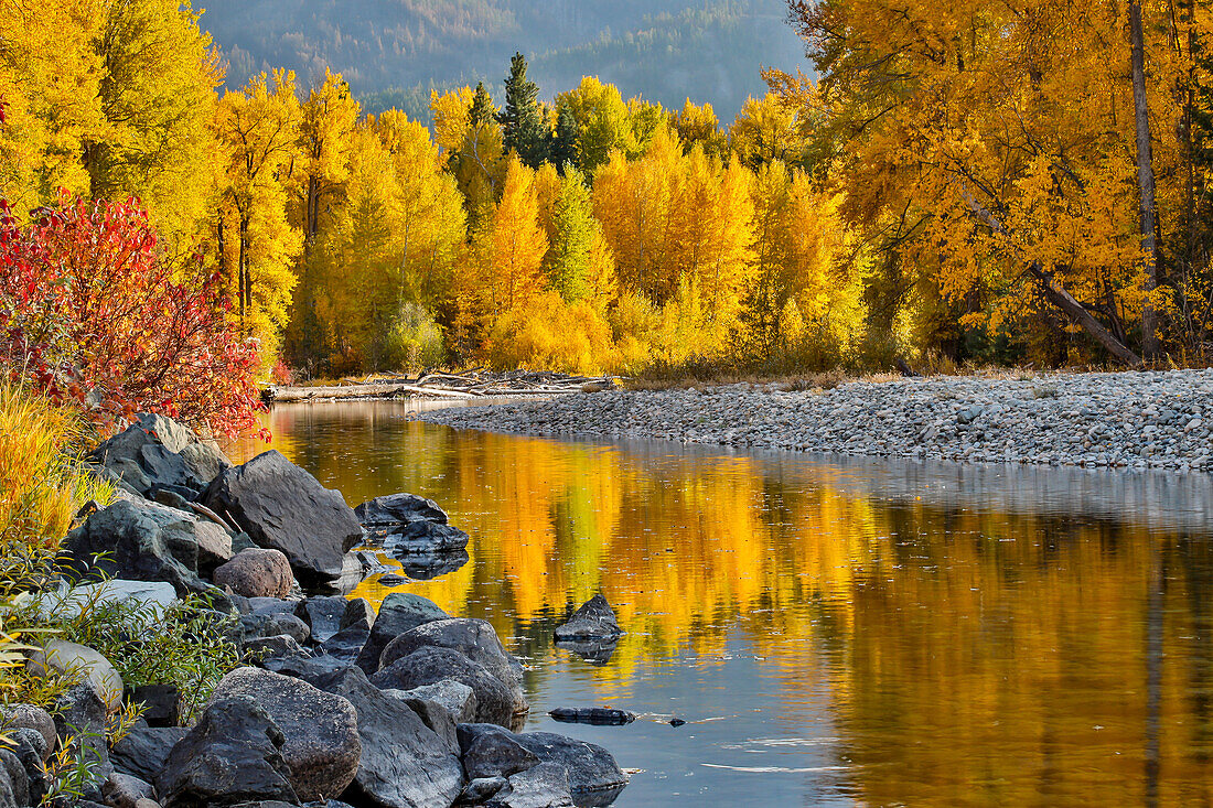 USA, Bundesstaat Washington, Methow Valley und Fluss, eingefasst von herbstlich gefärbten Bäumen.