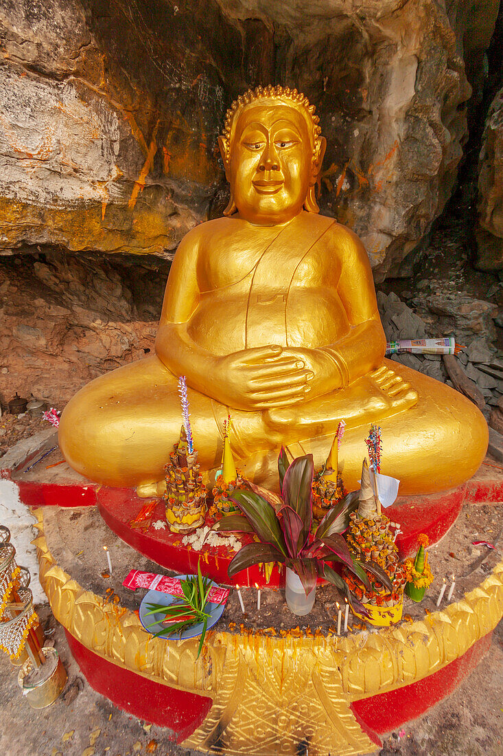 Laos, Luang Prabang. Vat Thammo Thayaram on Mount Phousi. Fat Buddha statue.