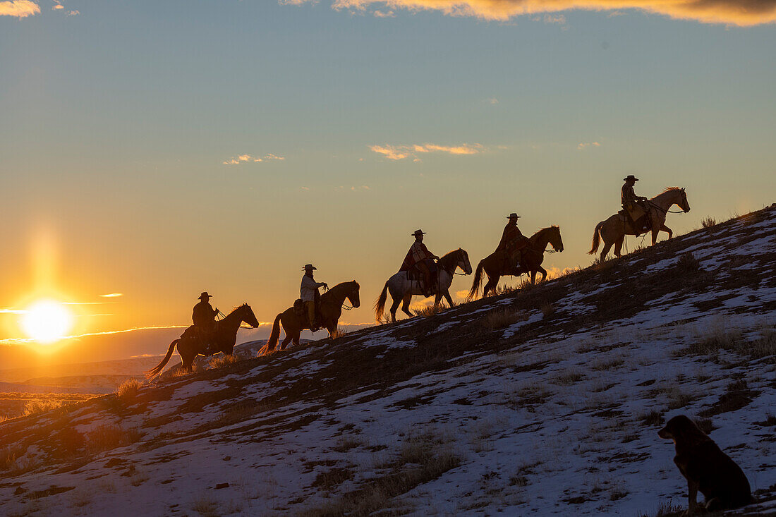 USA, Wyoming. Hideout Horse Ranch, Wranglers auf Pferden im Schnee bei Sonnenuntergang. (MR,PR)