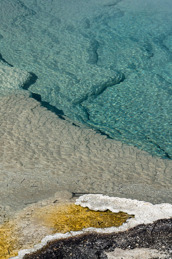 USA, Wyoming. Abstract designs of mineral deposits in geothermal area along the Biscuit Basin Trail, Yellowstone National Park.