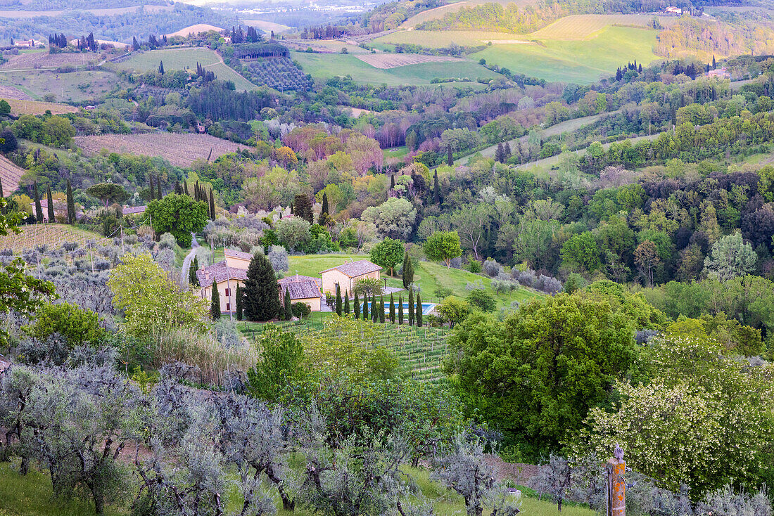 Landscape view from the top of the walls of San Gimignano. Tuscany, Italy.