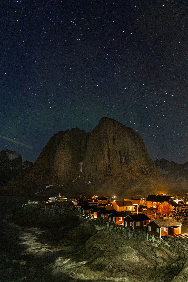 Norway, Lofoten Islands. Aurora Borealis In the sky above Hamnoy in Reine