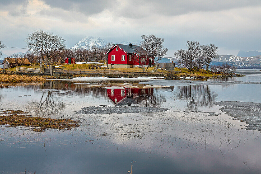 Norway, Lofoten Islands. View across Indrepollen Lake.