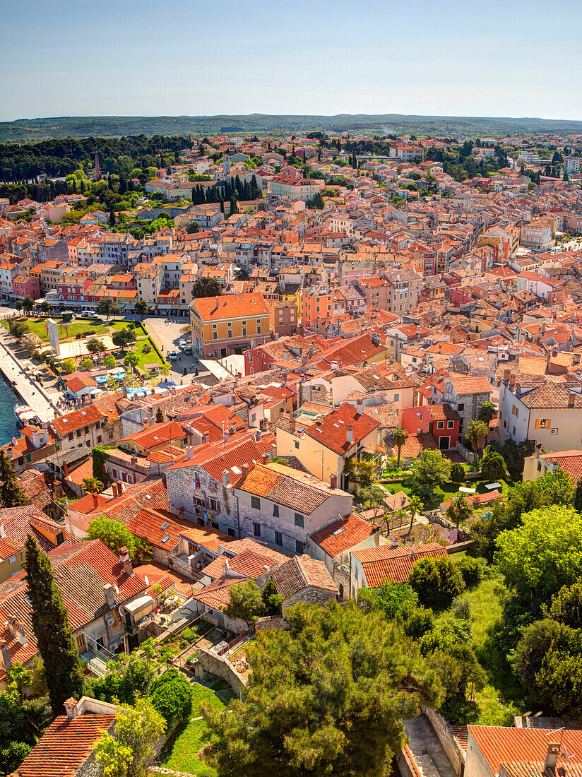 Kroatien, Rovinj, Istrien. Stadt Rovinj und Hafen vom Turm der Kathedrale der Heiligen Euphemia aus gesehen.