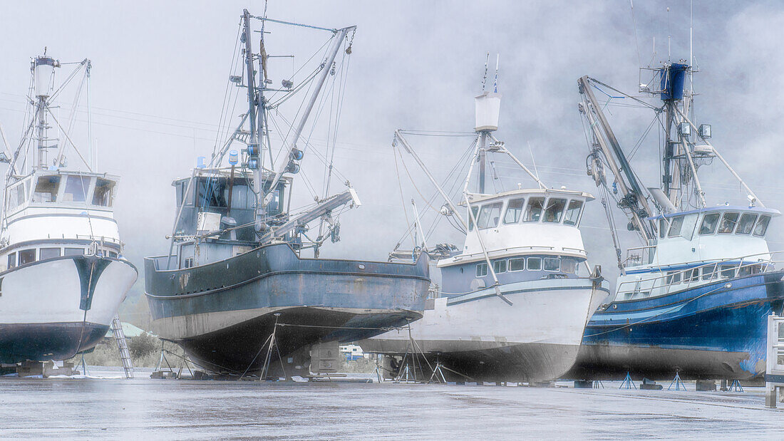 Alaska, Valdez. Fishing boats on dry dock. Artistic rendering.