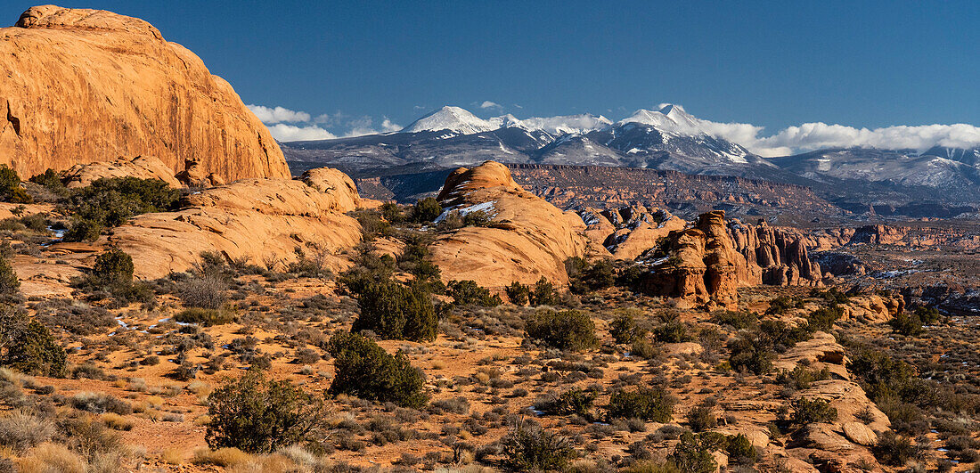 USA, Utah. Blick auf Sandsteinformationen in der Sand Flats Recreation Area mit der La Sal Mountain Range im Hintergrund, in der Nähe von Moab.