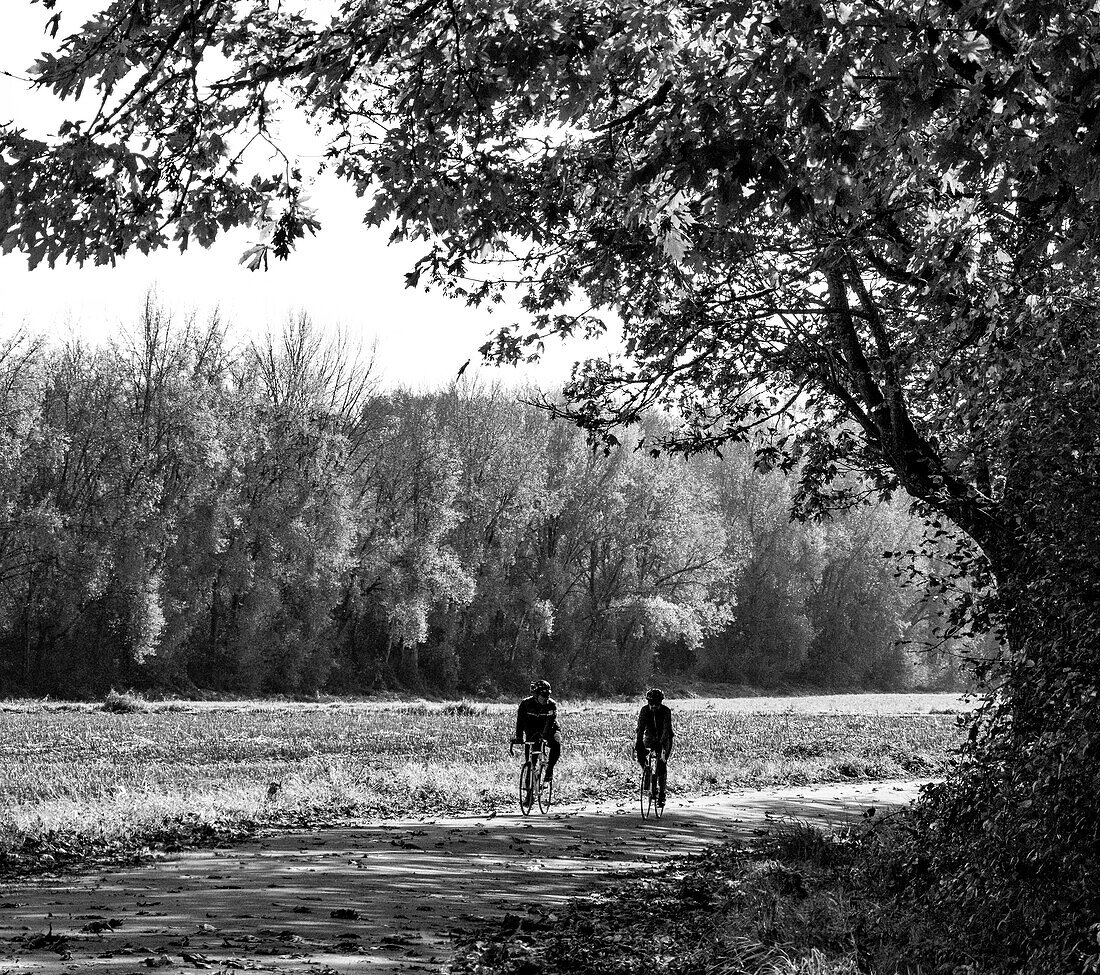 USA, Bundesstaat Washington, Fall City schwarz-weiß zwei Radfahrer entlang der Neal Rd. S.E.