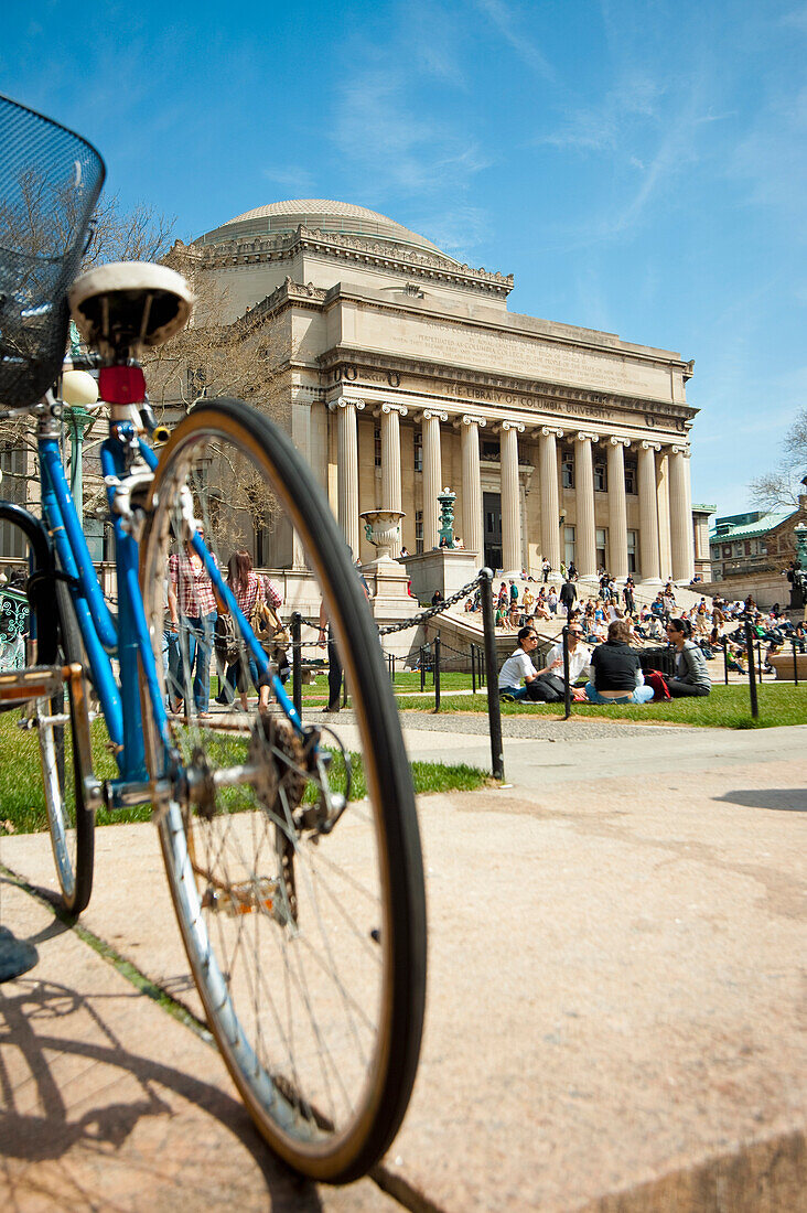 Bicycles Parked In Front Of The Library Of Columbia University, Manhattan, New York, Usa