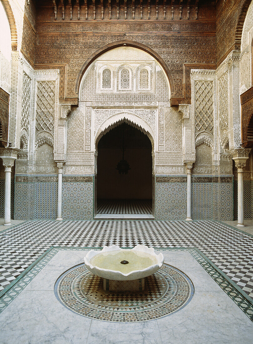 Morocco, Courtyard of Medersa El Attarin in Old town; Fez