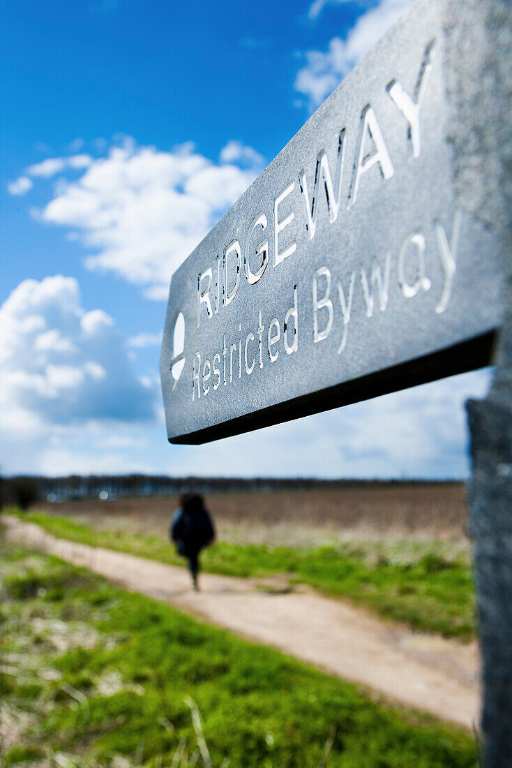 Weibliche Spaziergängerin auf dem Höhenweg; Vale Of The White Horse, Oxfordshire, England