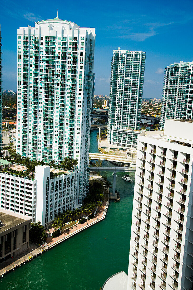 USA, Florida, Downtown; Miami, High rise buildings and waterways