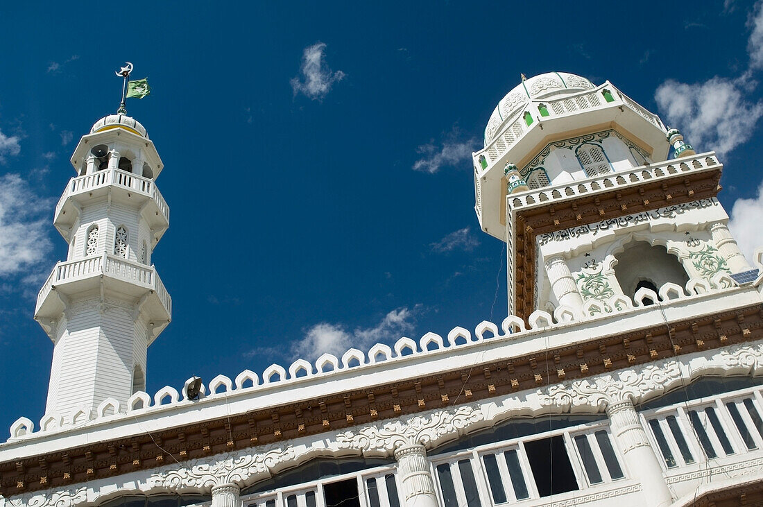 Jama Masjid mosque in Leh. Leh was the capital of the Himalayan kingdom of Ladakh, now the Leh District in the state of Jammu and Kashmir, India. Leh is at an altitude of 3,500 meters (11,483 ft).