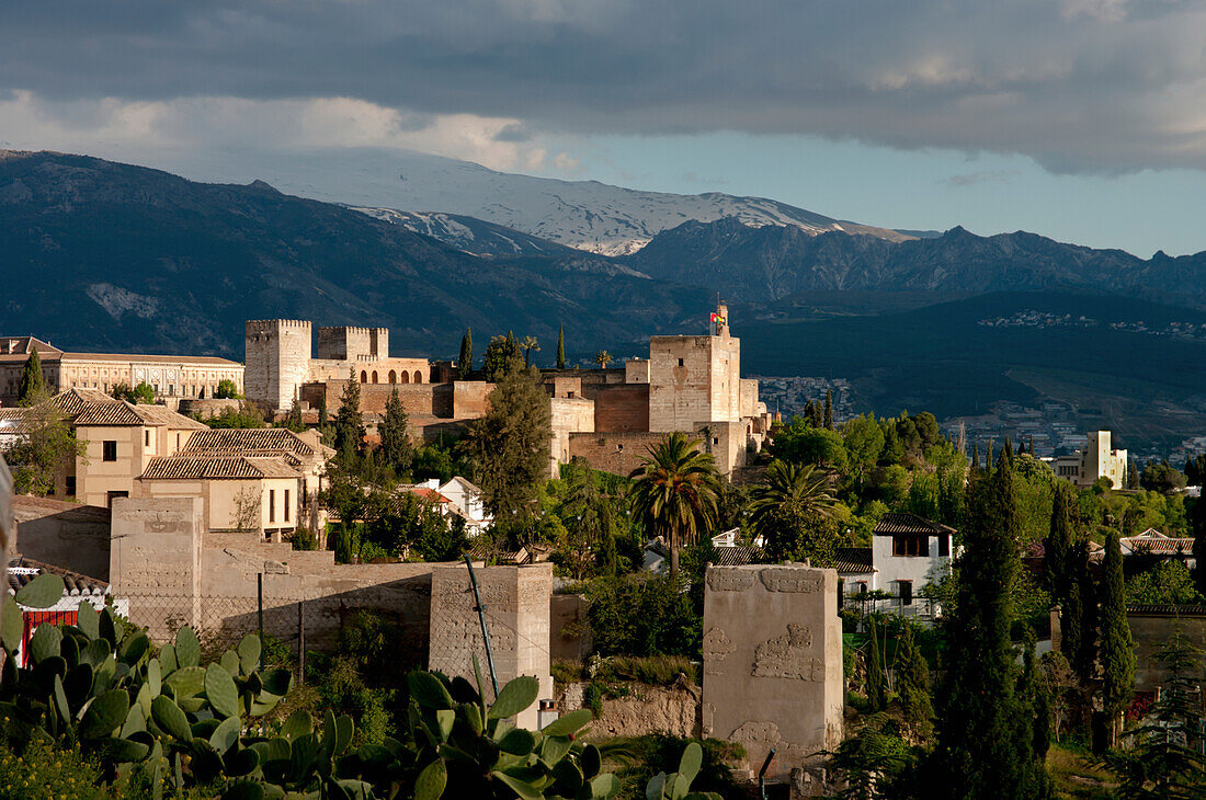 Cityscape In Alhambra With Mountains In The Background; Granada Province, Andalucia, Spain
