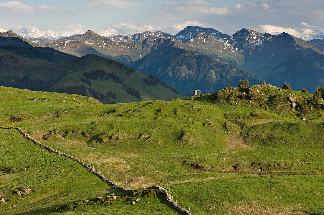 Panoramic mountain view from the HornkÅ¡pfl hut. KitzbÅ¸heler Horn. Kitzbuehel. Tyrol. Austria.
