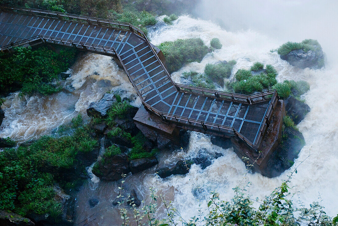 High Angle View Of Footbridge At Iguazu Waterfalls; Argentina