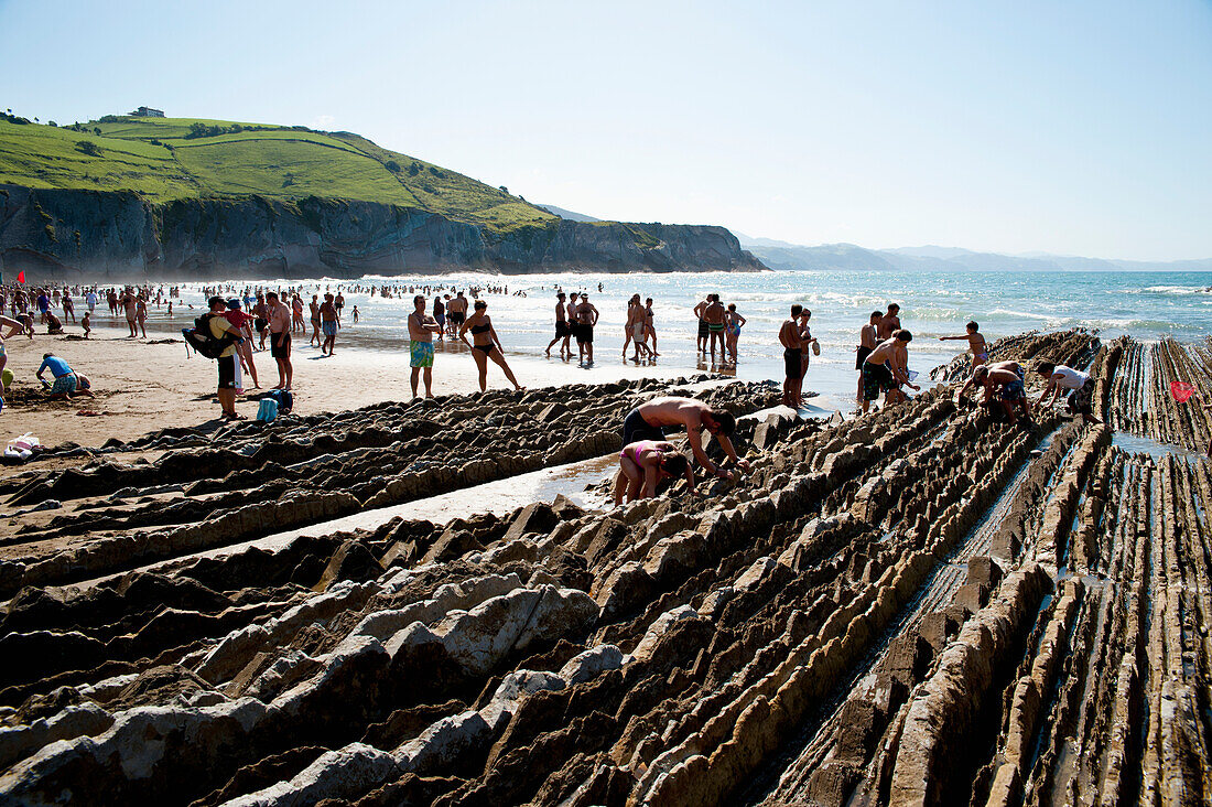 Sedimentary Rocks Known As Flysch In Itzurun Beach, Zumaia, Basque Country, Spain