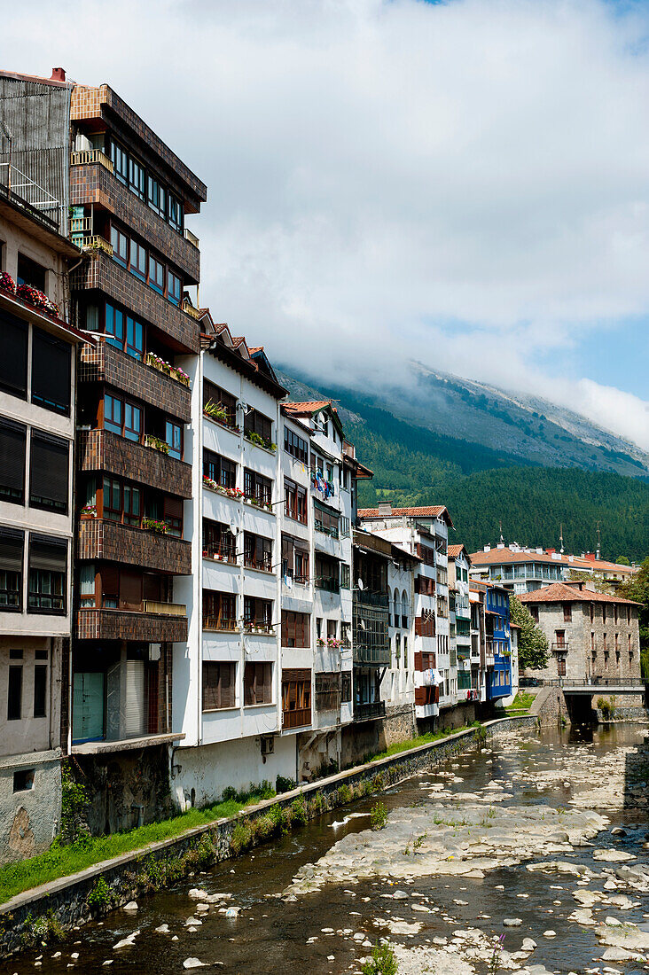 Buildings In Front Of Urola River, Azkoitia, Basque Country, Spain