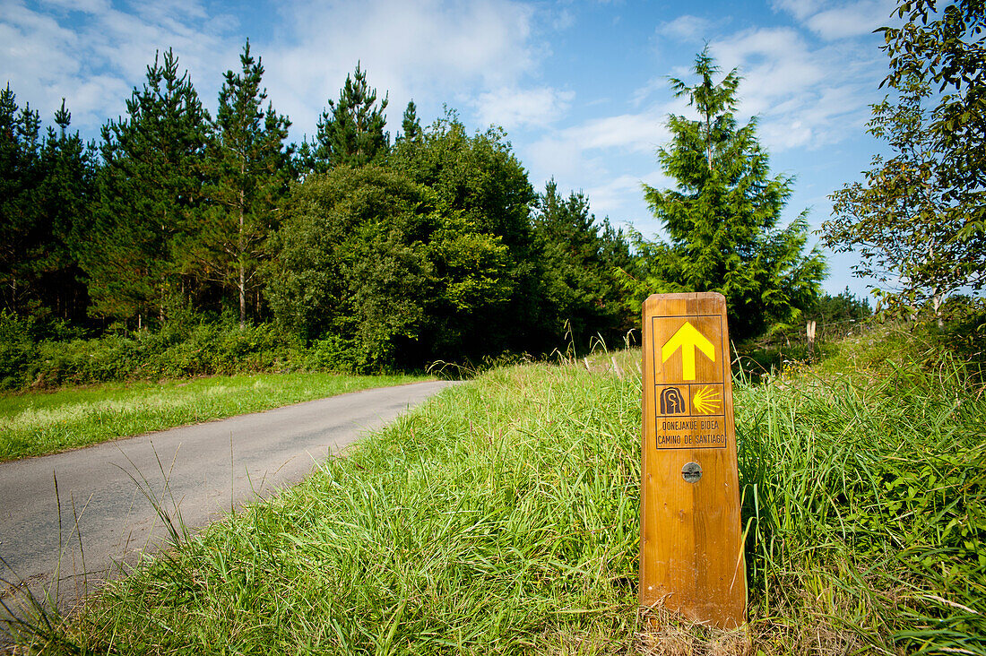 Camino De Santiago Or The Way Of St James Signs On The Road, Basque Country, Spain
