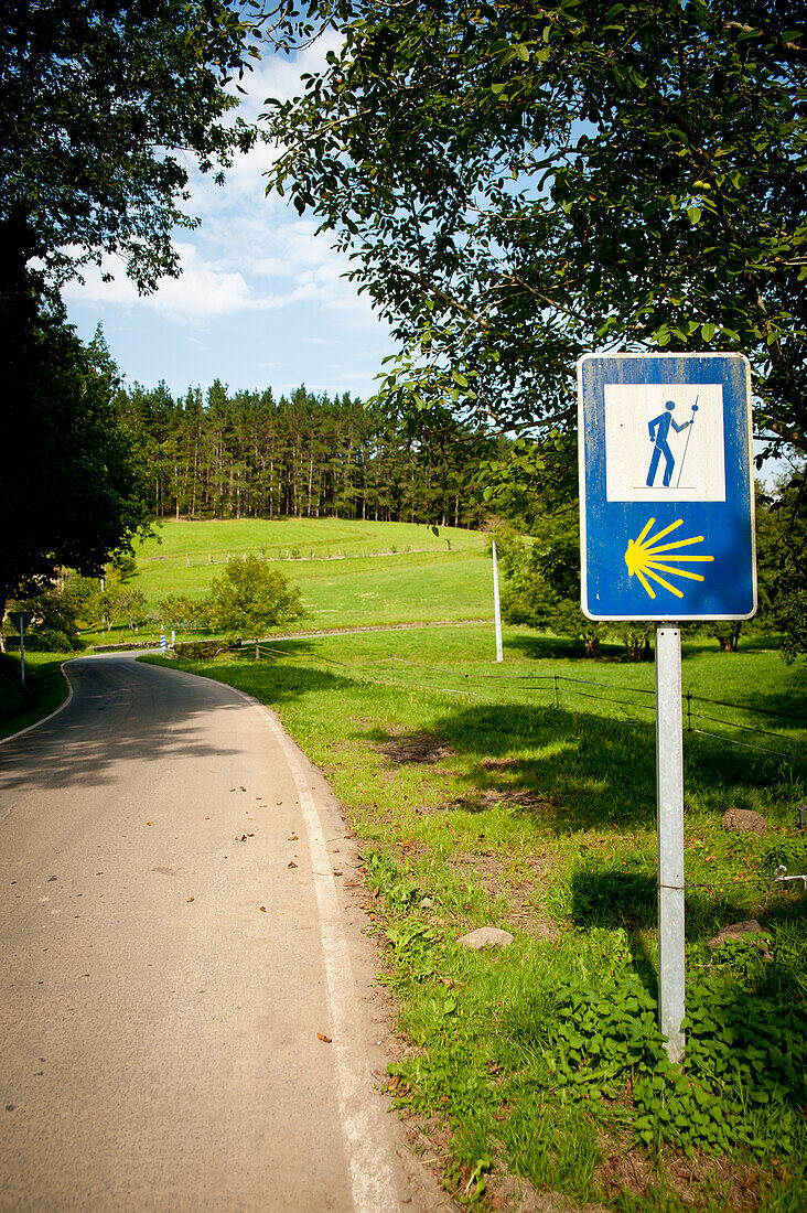 Camino De Santiago Or The Way Of St James Signs On The Road, Basque Country, Spain