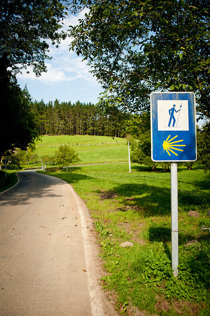 Camino De Santiago oder Jakobsweg Wegweiser auf der Straße, Baskenland, Spanien