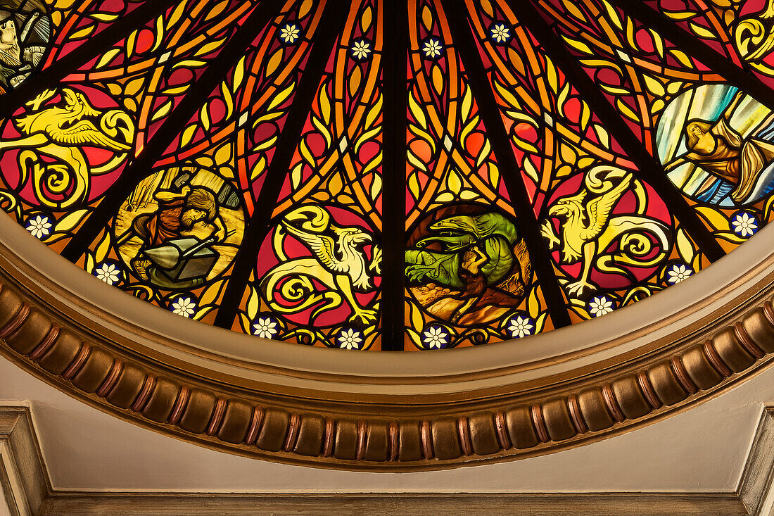 Detail Of Stained Glass On Domed Window Above Main Staircase In London Coliseum, West End, London