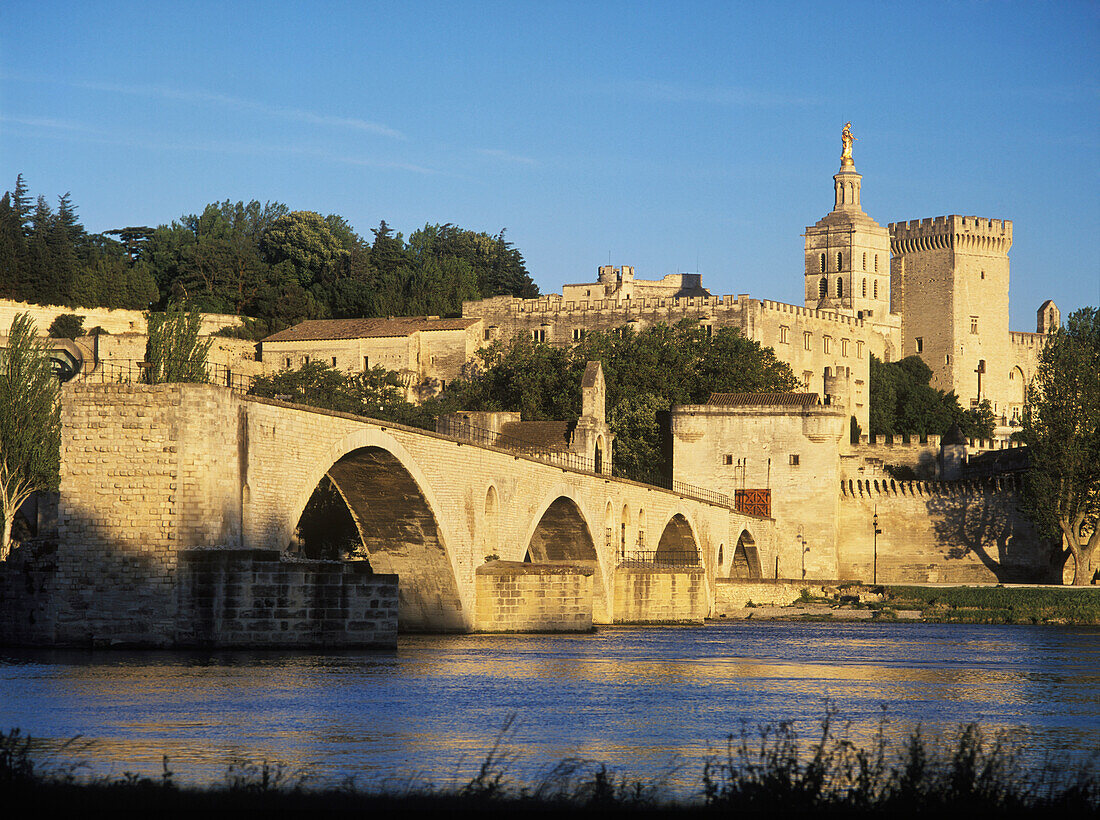 Blick entlang der Pont D'avignon oder Pont St Benezet in Richtung des Palais Des Papes (Palast der Päpste) und der Kathedrale Notre-Dame-Des-Doms am frühen Abend, Avignon, Frankreich.