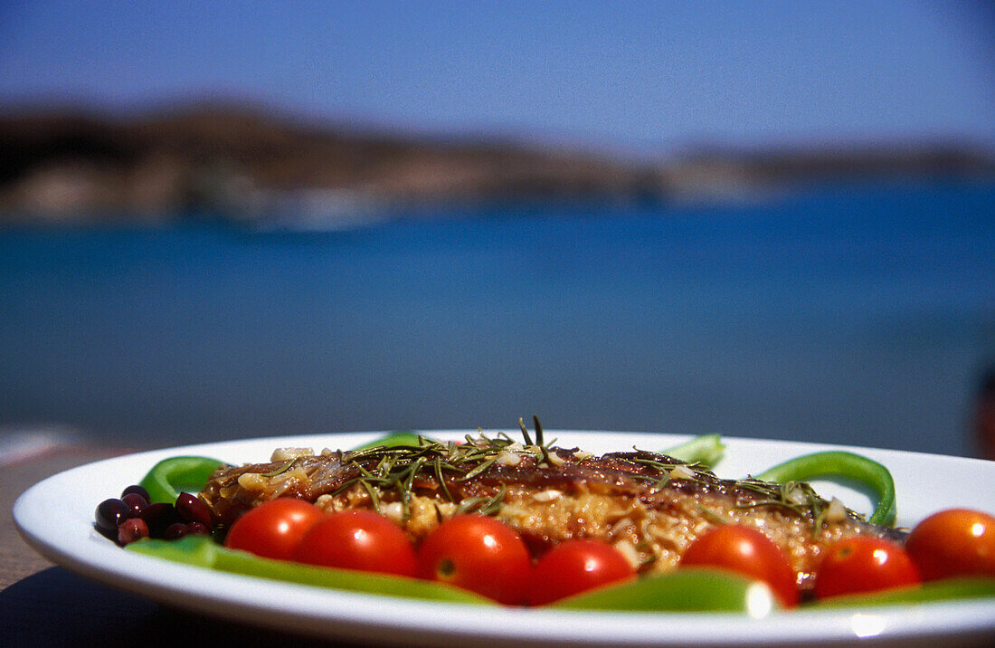Fisch und Tomaten Lipsi Griechenland.