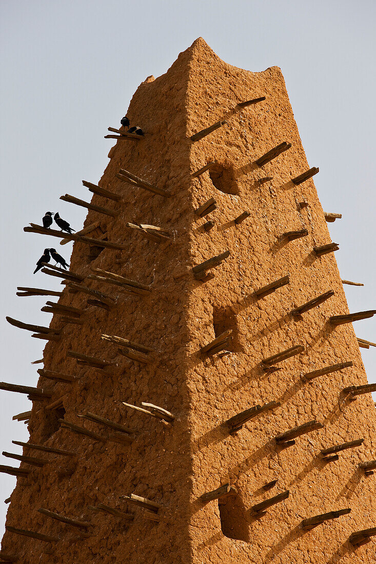 Niger, Sahara Desert, Agadez Region, Close up view of Agadez Grand Mosque minaret; Agadez