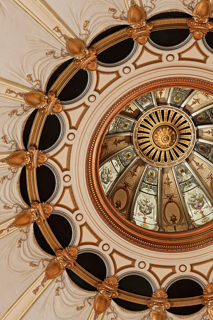 UK, England, London Coliseum; London, View of freshly restored domed ceiling