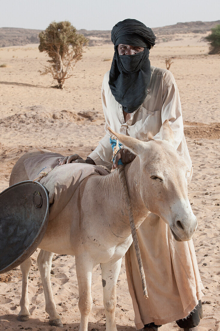Niger, Sahara Desert, Agadez Region, Tuareg man with donkey; Agadez