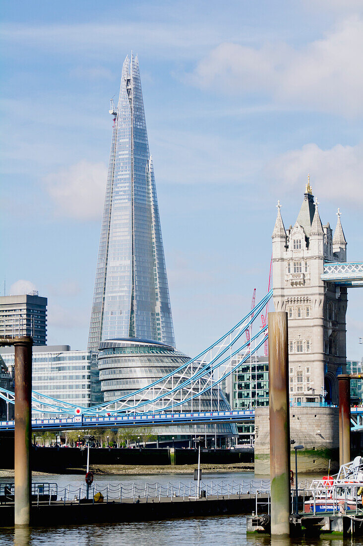 United Kingdom, View of Tower Bridge and Sahrd building; London