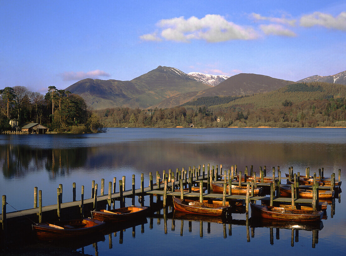 United Kingdom, mountain range and Derwentwater boat jetty ; Cumbria, Landscape with lake