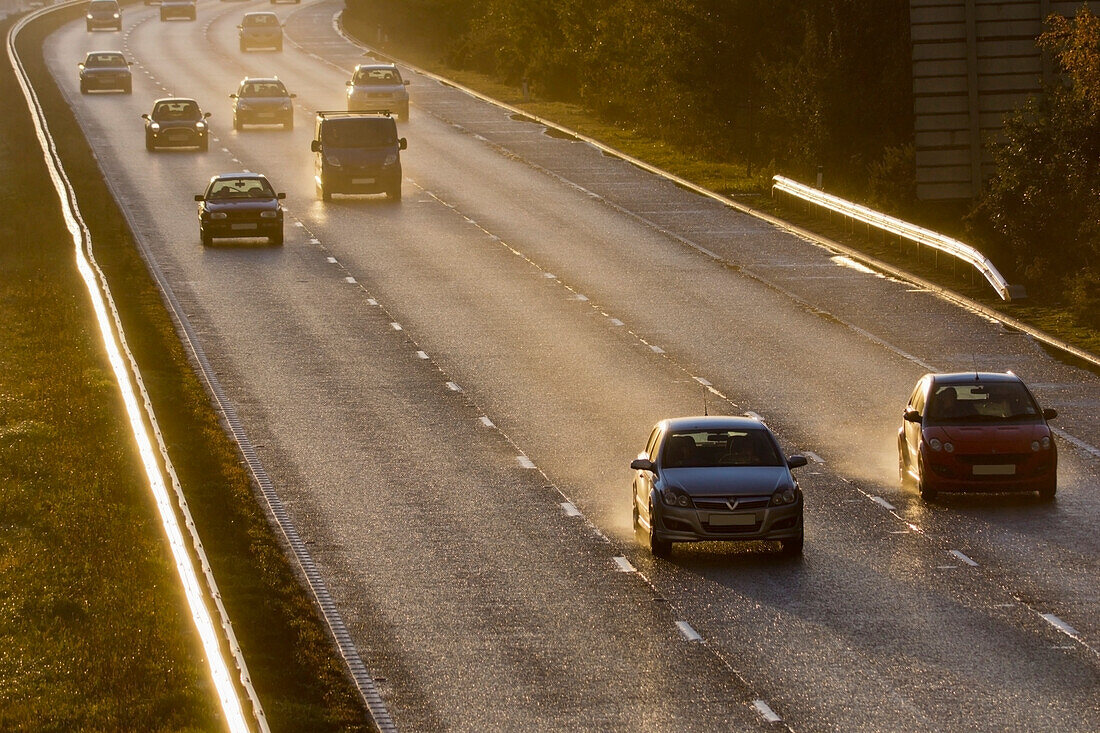 United Kingdom, Traffic on Motorway A3 on early morning; Surrey