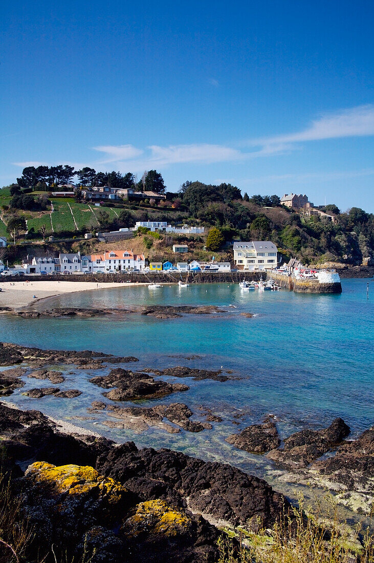 England, Channel Islands, Rozel Bay; Jersey, View of Gorey Harbour