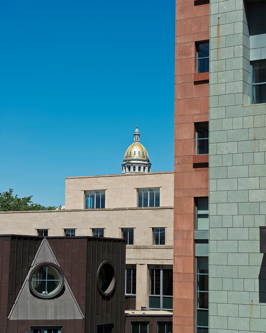 USA, Colorado, Gold Dome on Colorado State Capitol viewed from Denver Art Museum