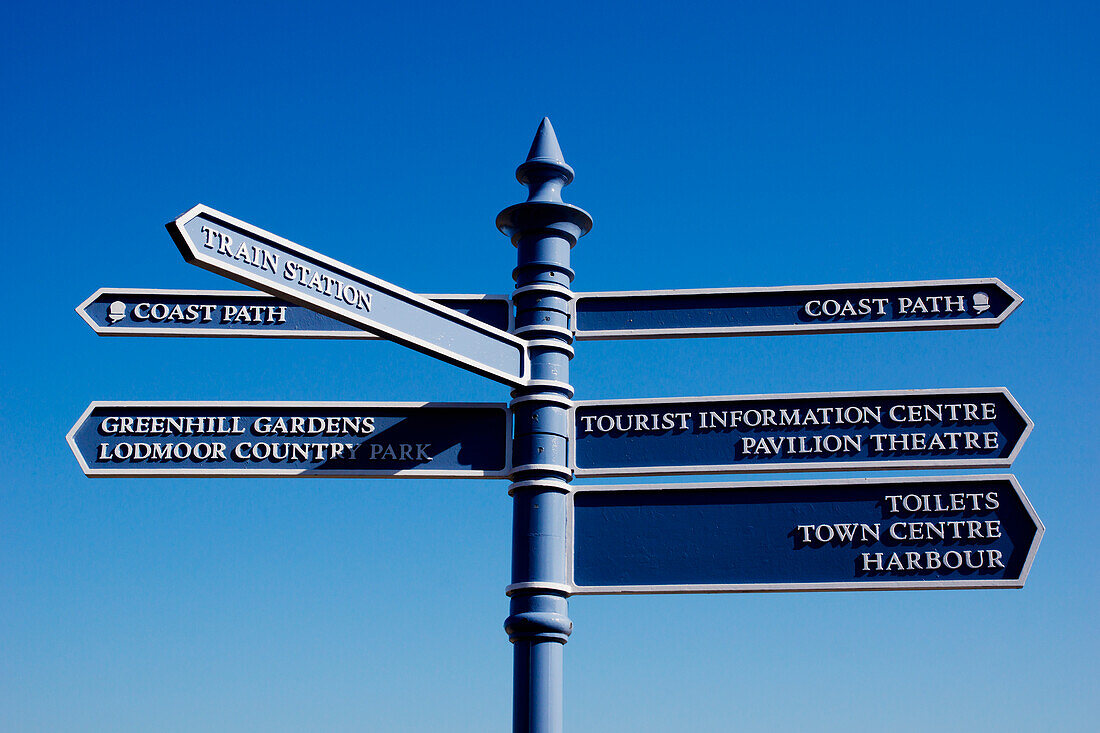 United Kingdom, England, Dorset, Direction signpost; Weymouth