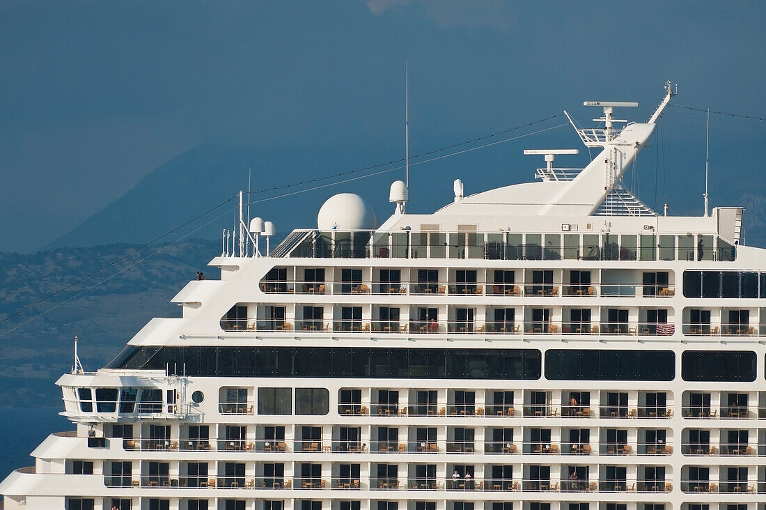 Greece, Detail of large cruise ship; Corfu