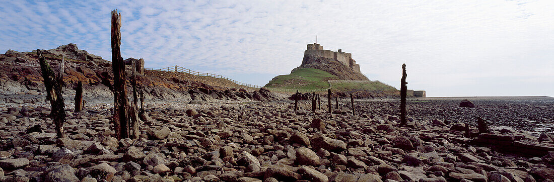 Großbritannien, England, Northumberland, Northumbrian Coast, Panoramablick auf Lindisfarne Castle bei Ebbe; Holy Island