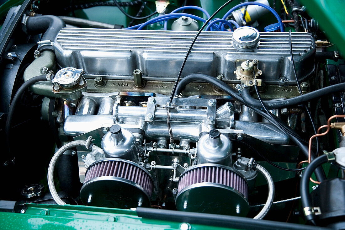 United Kingdom, England, Devon, Close-up of MGB GT engine; Uffculme