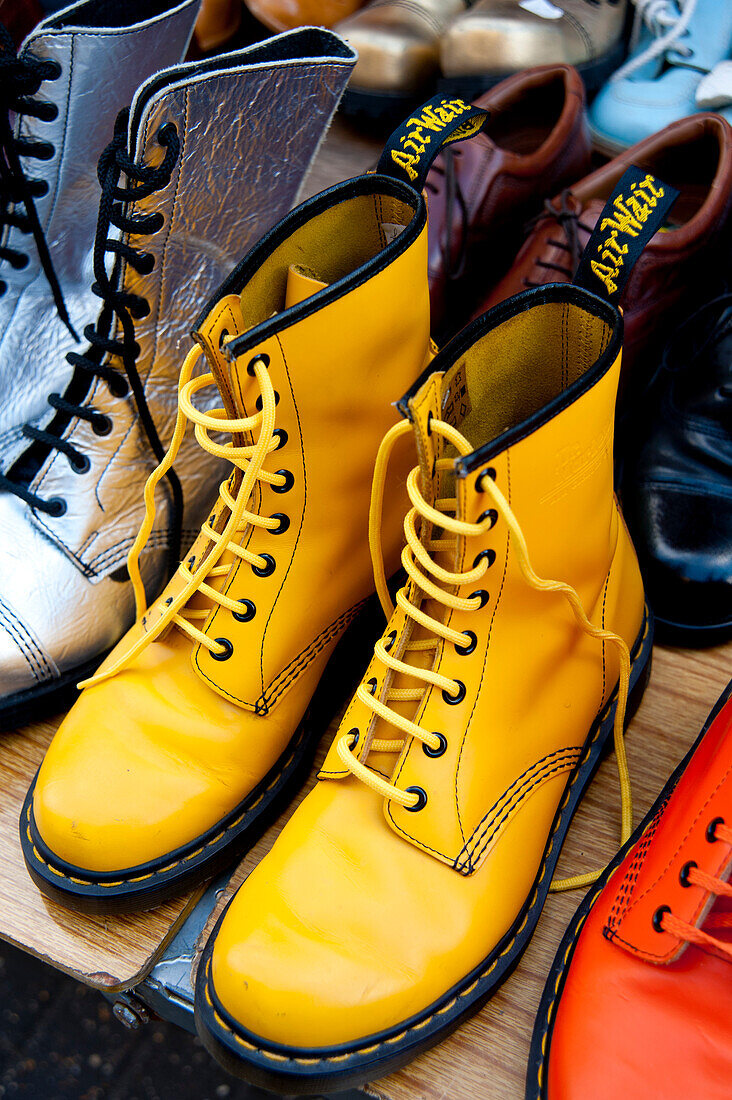 Coloured Dr Marteens Boots On Display At Brick Lane Market, East London, London, Uk