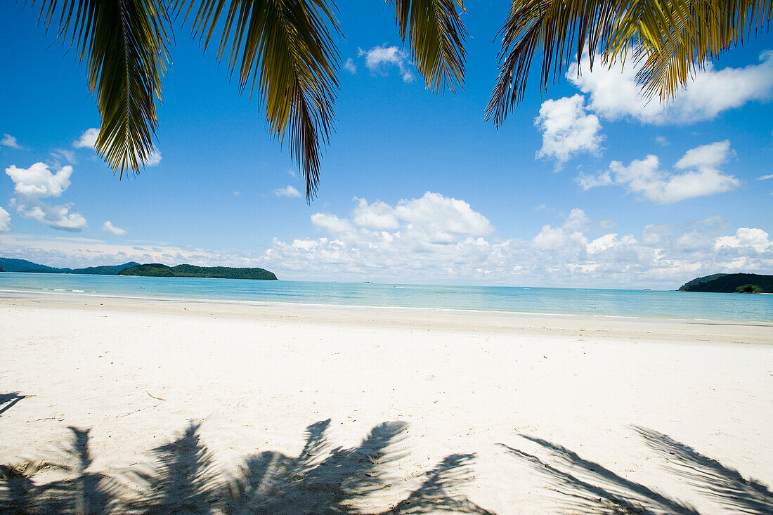 Malaysia, Pantai Cenang (Cenang beach); Pulau Langkawi, White sandy beach with palm trees looking out to blue sea